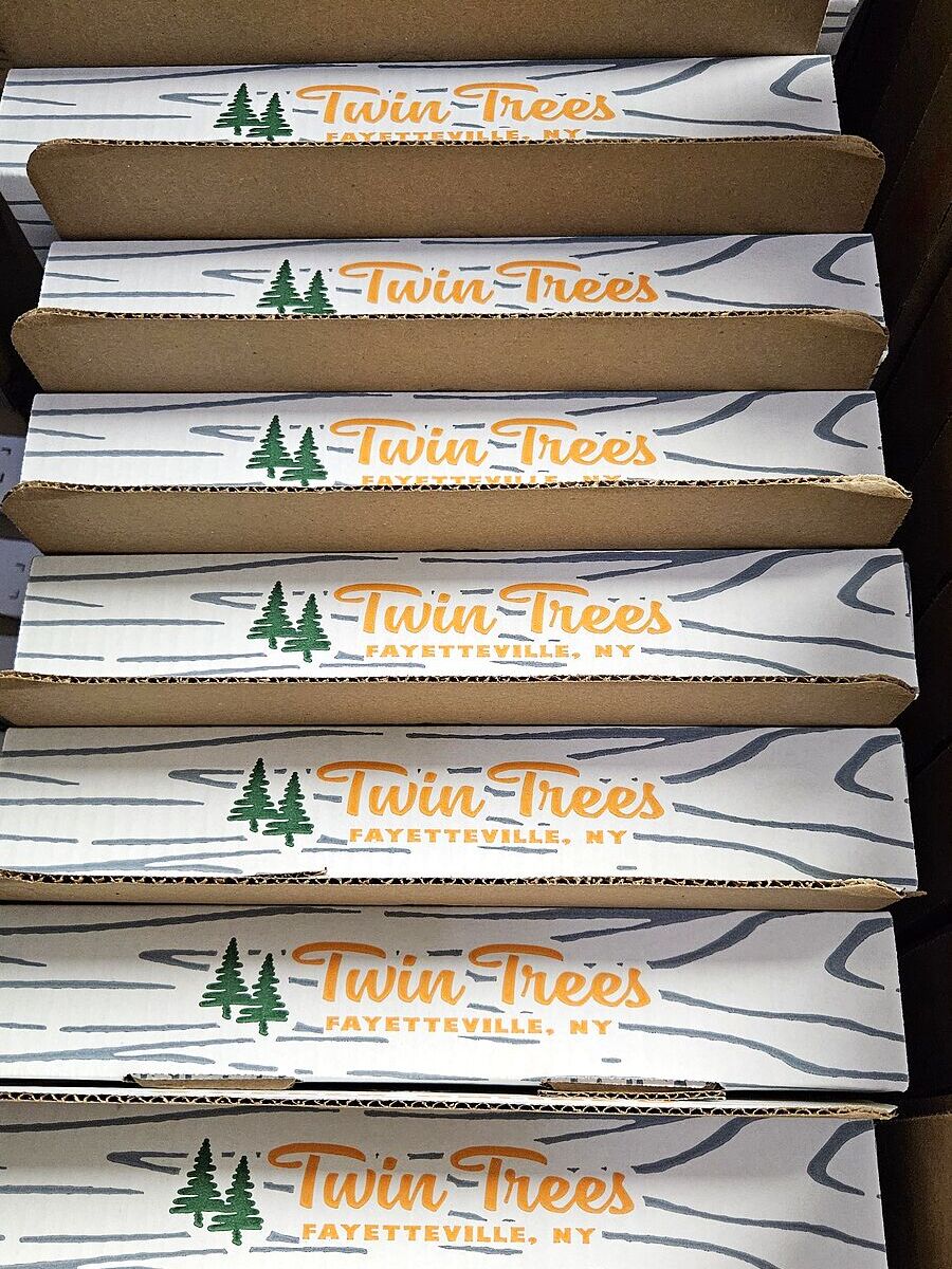 Stacked Twin Trees pizza boxes